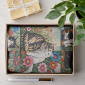 かわいいファンタジーな猫とフォークアートの花 薄葉紙 (ギフト)