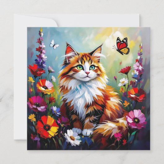 かわいいファンタジーな猫、花と蝶々 カード (正面)
