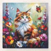 かわいいファンタジーな猫、花と蝶々 ガラスコースター (正面)