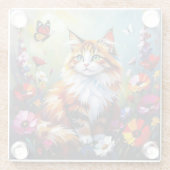 かわいいファンタジーな猫、花と蝶々 ガラスコースター (裏面)
