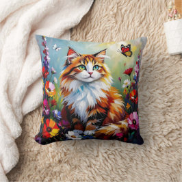 かわいいファンタジーな猫、花と蝶々 クッション