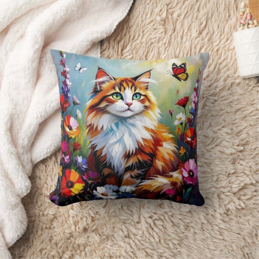 かわいいファンタジーな猫、花と蝶々 クッション (ブランケット)