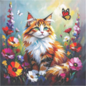 かわいいファンタジーな猫、花と蝶々 シール (正面)