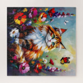 かわいいファンタジーな猫、 花と蝶々 ジグソーパズル (横)
