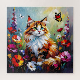 かわいいファンタジーな猫、 花と蝶々 ジグソーパズル