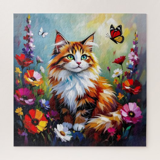 かわいいファンタジーな猫、 花と蝶々 ジグソーパズル (縦)