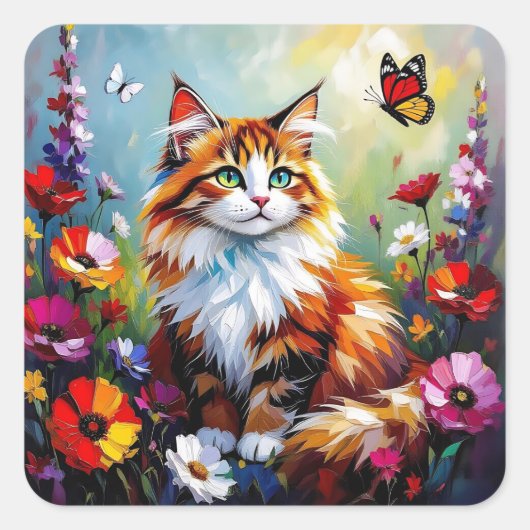 かわいいファンタジーな猫、花と蝶々 スクエアシール (正面)