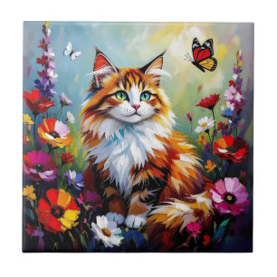 かわいいファンタジーな猫、花と蝶々 タイル