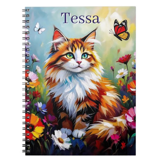 かわいいファンタジーな猫、花と蝶々 ノートブック (正面)