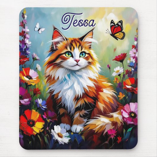かわいいファンタジーな猫、花と蝶々 マウスパッド (正面)