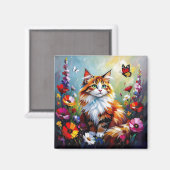 かわいいファンタジーな猫、花と蝶々 マグネット (正面/裏面)