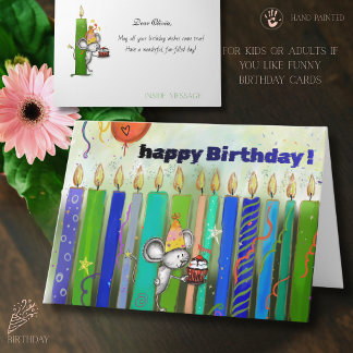 かわいいファンタジーな誕生日のネズミとカラフルなキャンドル カード
