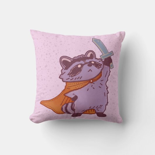かわいいファンタジーのアライグマの戦士、剣とマント付き クッション (正面)