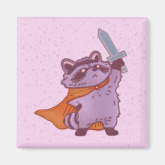 かわいいファンタジーのアライグマ戦士、剣とマント付き マグネット (正面)