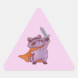 かわいいファンタジーのアライグマ戦士、剣とマント付き 三角形シール