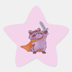 かわいいファンタジーのアライグマ戦士、剣とマント付き 星シール