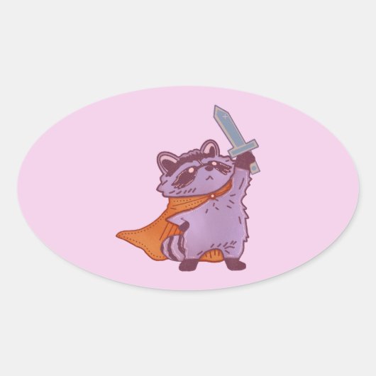 かわいいファンタジーのアライグマ戦士、剣とマント付き 楕円形シール (正面)