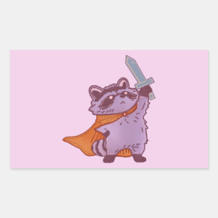 かわいいファンタジーのアライグマ戦士、剣とマント付き 長方形シール