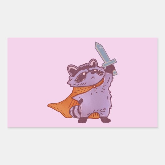 かわいいファンタジーのアライグマ戦士、剣とマント付き 長方形シール (正面)