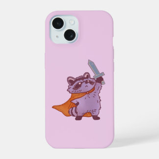 かわいいファンタジーのアライグマ戦士、剣とマント付き iPhone 15ケース