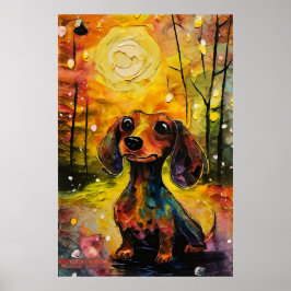 かわいいファンタジーのダックスフンドの子犬が森で ポスター