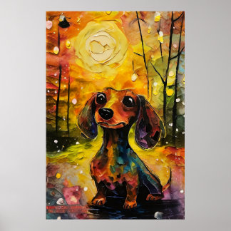 かわいいファンタジーのダックスフンドの子犬が森で ポスター
