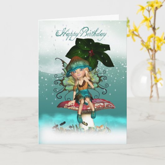 かわいいファンタジーの妖精の小妖精や小人の誕生日の挨拶状 カード (黄色い花)