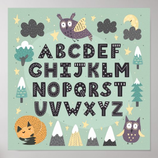かわいいファンタジーの森の動物 ABC アルファベット ポスター (正面)