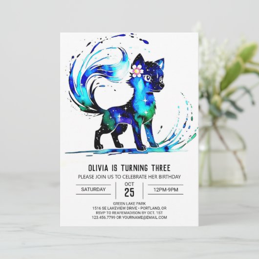 かわいいファンタジーウルフデジタルガール誕生日 招待状 (スタンド正面)