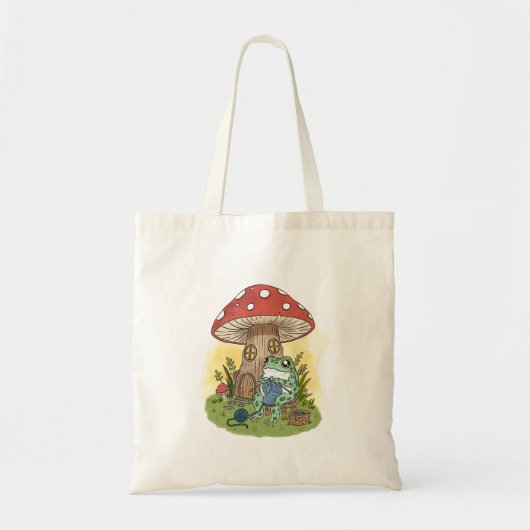 かわいいファンタジーカエル編み物イラスト トートバッグ (正面)