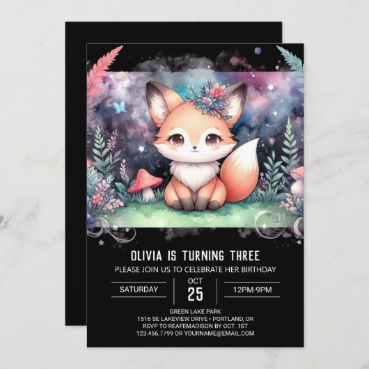 かわいいファンタジーキツネ誕生日 招待状 (正面/裏面)