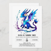 かわいいファンタジードラゴンデジタルガール誕生日 招待状 (正面/裏面)