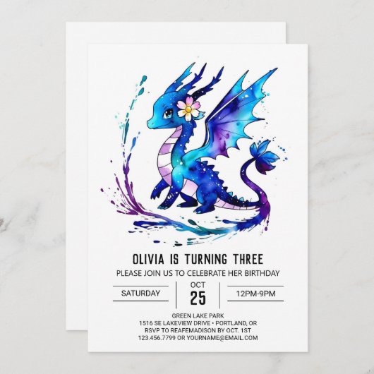 かわいいファンタジードラゴンデジタルガール誕生日 招待状 (正面/裏面)