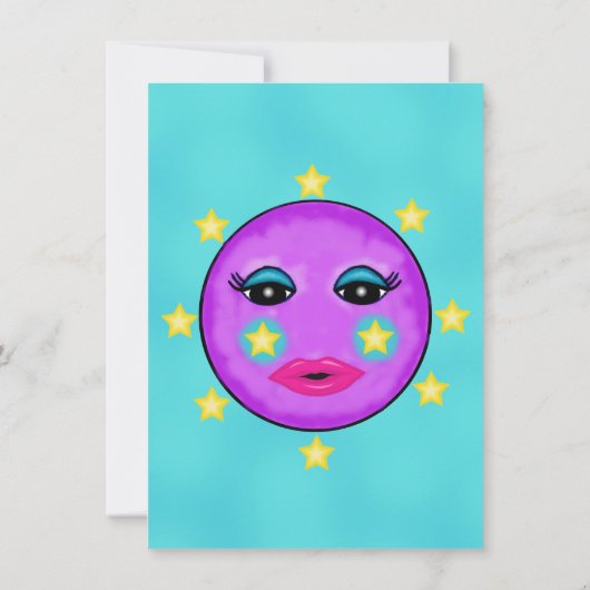 かわいいファンタジーパープルムーン顔スターズ誕生日 招待状 (裏面)