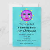 かわいいファンタジーパープルムーン顔スターズ誕生日 招待状 (正面)