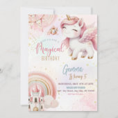 かわいいファンタジーピンク金ゴールドユニコーンキャッスル誕生日 招待状 (正面)