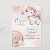 かわいいファンタジーピンク金ゴールドユニコーンキャッスル誕生日 招待状 (正面/裏面)
