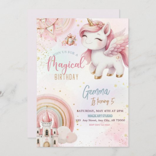 かわいいファンタジーピンク金ゴールドユニコーンキャッスル誕生日 招待状 (正面/裏面)