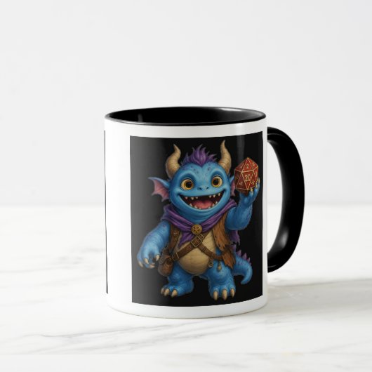 かわいいファンタジーモンスターがD20ダイスを持っているTシャツ マグカップ (正面右)