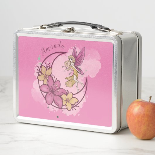 かわいいファンタジー妖精オンザムーン名前をカスタムする メタルランチボックス (インサイチュ)
