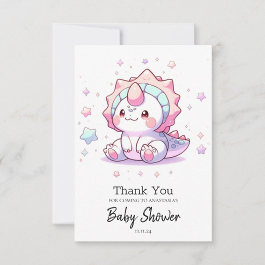 かわいいファンタジー恐竜の赤ちゃんシャワー サンキューカード (正面)