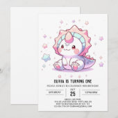 かわいいファンタジー恐竜1歳の誕生日 招待状 (正面/裏面)