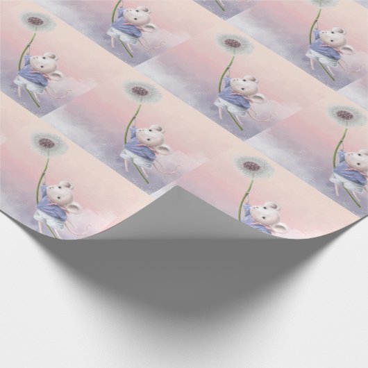 かわいいファンタジー水色マウスタンポポ飛んでいるン ラッピングペーパー (角)