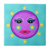 かわいいファンタジー 紫の月と顔 星 タイル (正面)