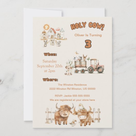 かわいいファームをテーマにした誕生日パーティーの少年と少女 招待状 (正面)