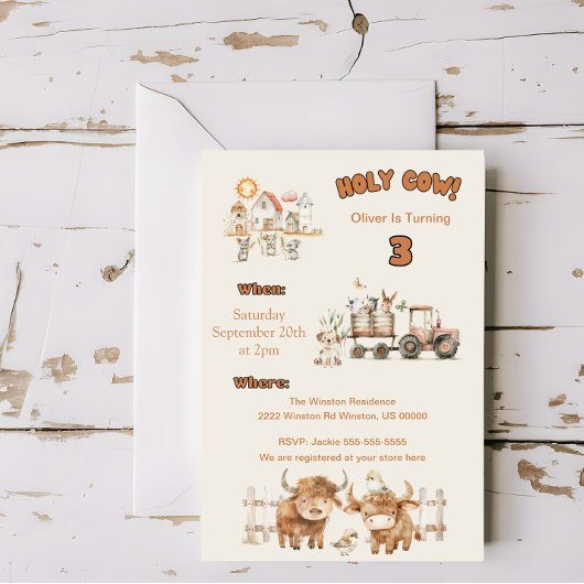 かわいいファームをテーマにした誕生日パーティーの少年と少女 招待状