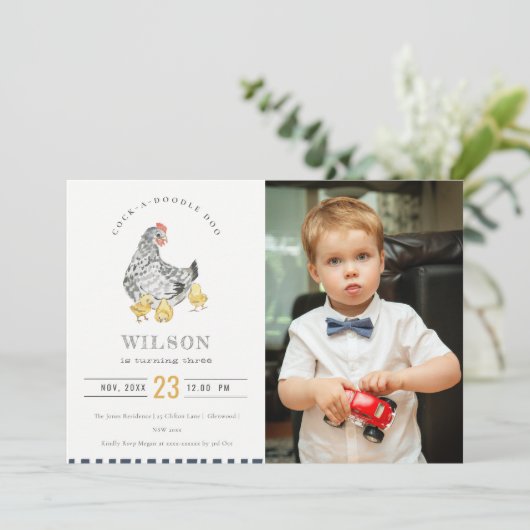 かわいいファームチキンウォーターカラーフォト誕生日招待状 サンキューカード (スタンド正面)