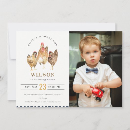 かわいいファームチキンウォーターカラーフォト誕生日招待状 サンキューカード (正面)