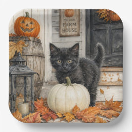 かわいいファームハウス 黒猫とカボチャのハロウィン ペーパープレート