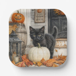 かわいいファームハウス 黒猫とカボチャのハロウィン ペーパープレート